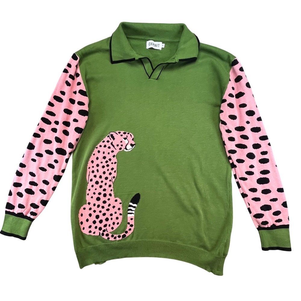 OXKNIT Womens XL Green Cotton Cheetah Graphic Polo Sweater Pink Leopard Sleeves